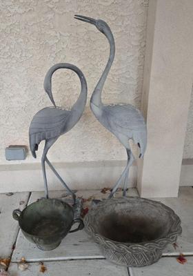 LOT 566O: Heron Statues , Cement Planter, and Metal Planter Bowl