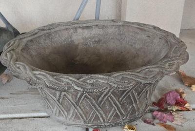 LOT 566O: Heron Statues , Cement Planter, and Metal Planter Bowl