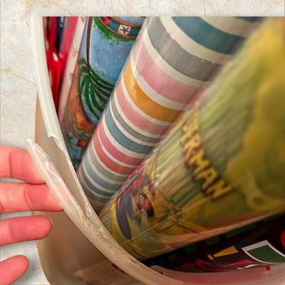 Sale Photo Thumbnail #319: Tub Chock Full of Wrapping Paper Rolls- different purposes, see pics - tub has a broken handle and side piece.