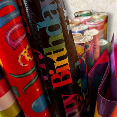 Sale Photo Thumbnail #316: Tub Chock Full of Wrapping Paper Rolls- different purposes, see pics - tub has a broken handle and side piece.