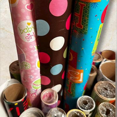 Sale Photo Thumbnail #313: Tub Chock Full of Wrapping Paper Rolls- different purposes, see pics - tub has a broken handle and side piece.