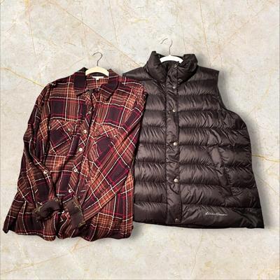 Sale Photo Thumbnail #382: Eddie Bauer Black Puffer Vest XL & Plaid Shirt 1X - great condition