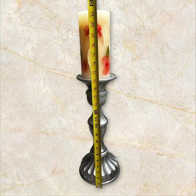 Sale Photo Thumbnail #485: Silver Candle Holder with Candle from Pottery Barn total height 23"