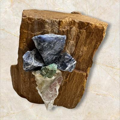 Sale Photo Thumbnail #492: Petrified Wood with Gemstone Cross 4" tall