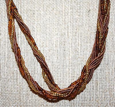 Twisted Amber & Gold Beads NECKLACE with Intertwined "Rope" Accent Strands and Dark Brass Colored Lobster Clasp 18" L
