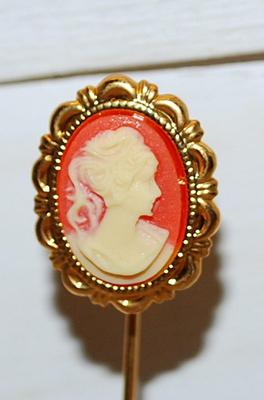 Gold Oval Perimeter Red & White CAMEO HAT PIN (4" L) with Screw-on Security Clasp