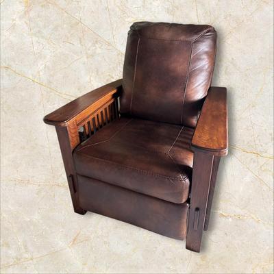 Sale Photo Thumbnail #532: Mission Style Full Reclining Chair with Wood Arms, Mission Style
Seat Width Across 23" 
Excellent Condition