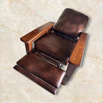 Sale Photo Thumbnail #529: Mission Style Full Reclining Chair with Wood Arms, Mission Style
Seat Width Across 23" 
Excellent Condition