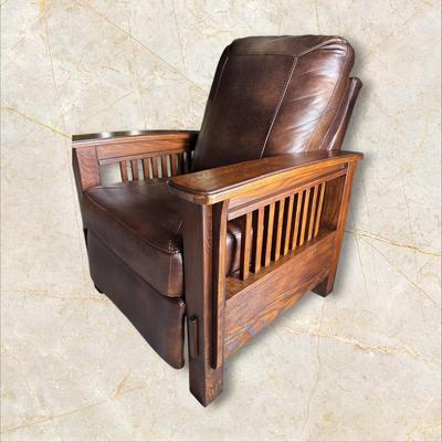 Sale Photo Thumbnail #528: Mission Style Full Reclining Chair with Wood Arms, Mission Style
Seat Width Across 23" 
Excellent Condition