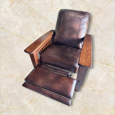 Sale Photo Thumbnail #530: Mission Style Full Reclining Chair with Wood Arms, Mission Style
Seat Width Across 23" 
Excellent Condition