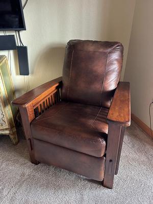 Sale Photo Thumbnail #524: Mission Style Full Reclining Chair with Wood Arms, Mission Style
Seat Width Across 23" 
Excellent Condition