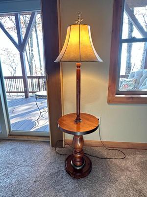Sale Photo Thumbnail #533: Tall Wooden Lamp with Round Table & Leather Look Shade
Table Diameter 16"
Height 53"