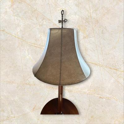 Sale Photo Thumbnail #537: Tall Wooden Lamp with Round Table & Leather Look Shade
Table Diameter 16"
Height 53"