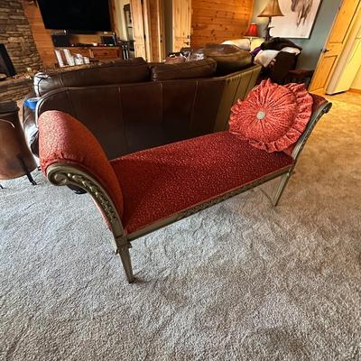 Sale Photo Thumbnail #567: Fabric Covered Bench with Arms
M'Ments:
Width 57" 
Height 32"
Depth 21"