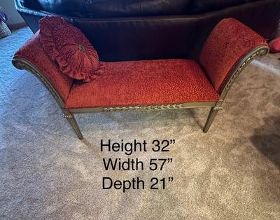 Sale Photo Thumbnail #561: Fabric Covered Bench with Arms
M'Ments:
Width 57" 
Height 32"
Depth 21"