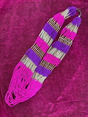 Heavily Beaded Seed Bead Necklace of Purple Pink and Silver