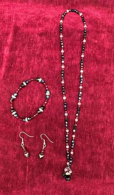 Necklace Earrings and Bracelet Set - Beaded with Rhinestone Rondelles