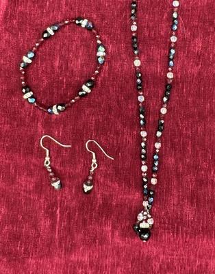 Necklace Earrings and Bracelet Set - Beaded with Rhinestone Rondelles