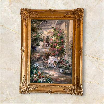 Sale Photo Thumbnail #601: Oil Painting with Ornate Gold Frame, Garden Party/Country Cottage in Spring, Flowers
46" x 35"
