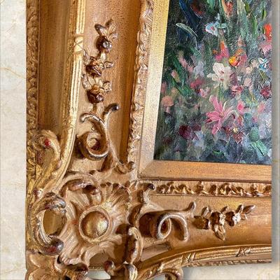 Sale Photo Thumbnail #603: Oil Painting with Ornate Gold Frame, Garden Party/Country Cottage in Spring, Flowers
46" x 35"