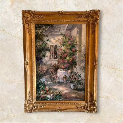 Sale Photo Thumbnail #605: Oil Painting with Ornate Gold Frame, Garden Party/Country Cottage in Spring, Flowers
46" x 35"