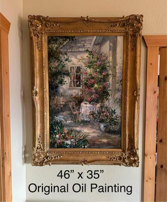 Sale Photo Thumbnail #600: Oil Painting with Ornate Gold Frame, Garden Party/Country Cottage in Spring, Flowers
46" x 35"