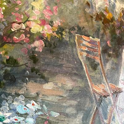 Sale Photo Thumbnail #604: Oil Painting with Ornate Gold Frame, Garden Party/Country Cottage in Spring, Flowers
46" x 35"