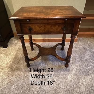 Sale Photo Thumbnail #619: Small Wood End Table / Sliding Desk Ledge and Drawer
M'ments:
Height 28"
Width 26"
Depth 18"