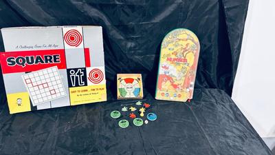 LITTLE HUNTER PINBALL GAME, SQUARE IT, AND CAST IRON COWBOY PEICES