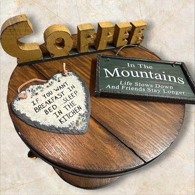 Sale Photo Thumbnail #715: 3 Decor Items (table not included)
Coffee Sign, Mountains sign, and Slate Heart Sign