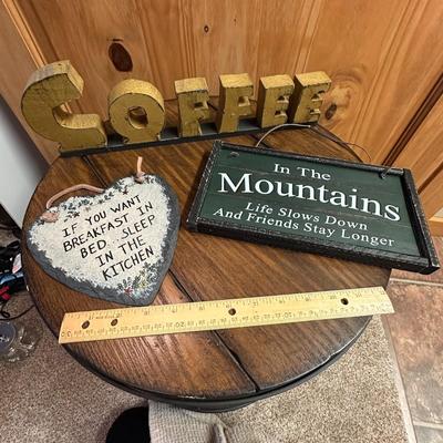 Sale Photo Thumbnail #716: 3 Decor Items (table not included)
Coffee Sign, Mountains sign, and Slate Heart Sign