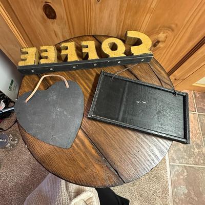 Sale Photo Thumbnail #717: 3 Decor Items (table not included)
Coffee Sign, Mountains sign, and Slate Heart Sign