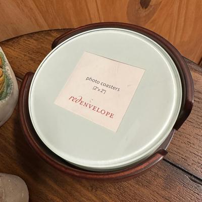 Sale Photo Thumbnail #748: Lot of Misc. Decor
Vase (not ceramic), a cross, coasters, and a nice set of glass photo coasters