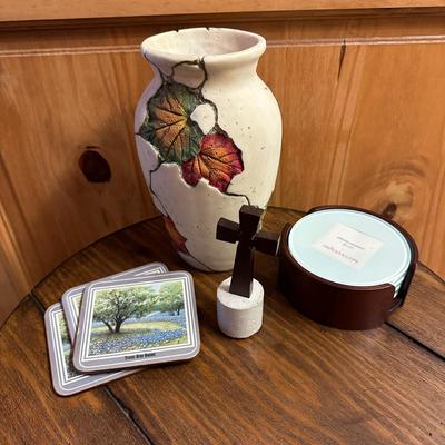 Sale Photo Thumbnail #746: Lot of Misc. Decor
Vase (not ceramic), a cross, coasters, and a nice set of glass photo coasters