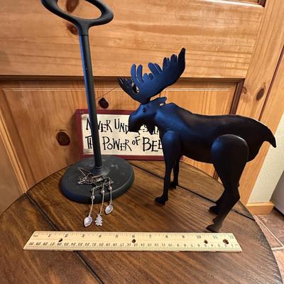 Sale Photo Thumbnail #755: Cabin Decor Lot- metal moose, beer/bar flipover sign, metal paper towel holder, and moose ornament
