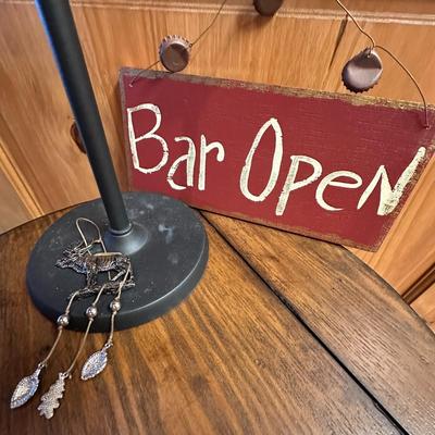 Sale Photo Thumbnail #756: Cabin Decor Lot- metal moose, beer/bar flipover sign, metal paper towel holder, and moose ornament