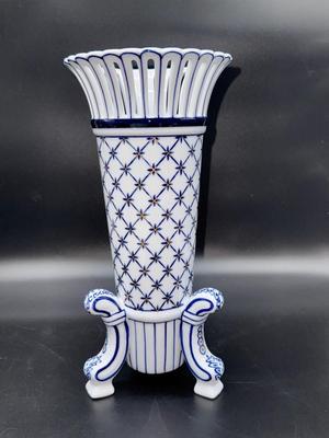 Blue & White 12” Vase - Reticulated Fluted