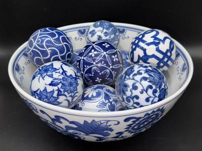 Large 12” Blue and White Bowl Filled with Porcelain Balls