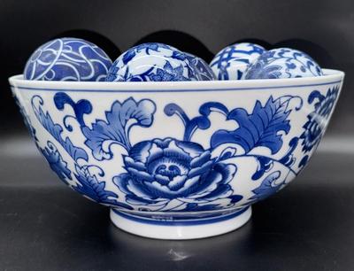Large 12” Blue and White Bowl Filled with Porcelain Balls