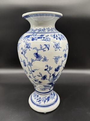 Blue & White 14” Birds and Butterflies Vase
