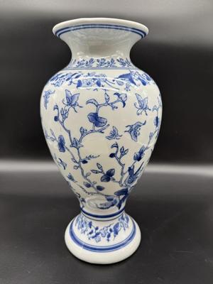 Blue & White 14” Birds and Butterflies Vase