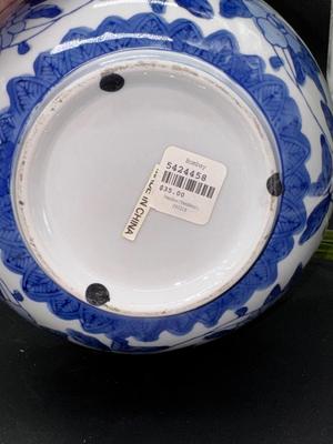 Blue and Whote Rock Filled Bowl with Artificial Flowers