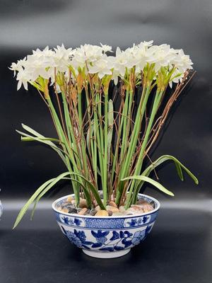 Blue and Whote Rock Filled Bowl with Artificial Flowers