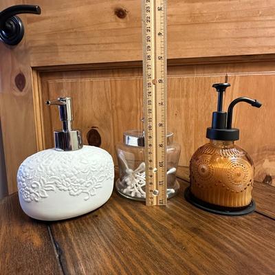 Sale Photo Thumbnail #814: 3 Bathroom Accessories- glass and ceramic soap pumps, glass jar with lid