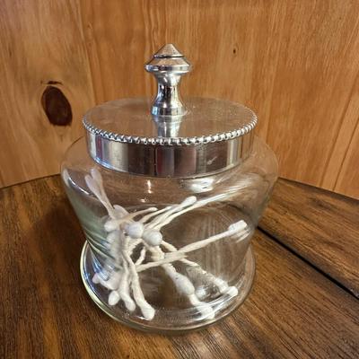 Sale Photo Thumbnail #813: 3 Bathroom Accessories- glass and ceramic soap pumps, glass jar with lid