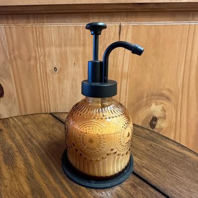 Sale Photo Thumbnail #811: 3 Bathroom Accessories- glass and ceramic soap pumps, glass jar with lid