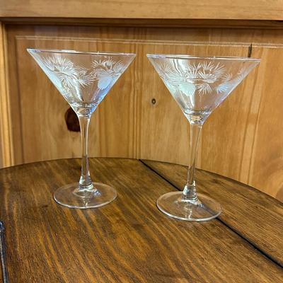 Sale Photo Thumbnail #835: 2 Martini Glasses with Etched Pine Cones, no chips