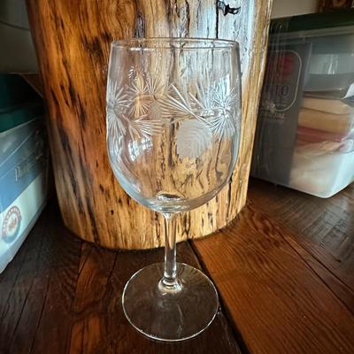 Sale Photo Thumbnail #838: Set of 10 Wine Glasses & Carafe w Etched Pine Cones