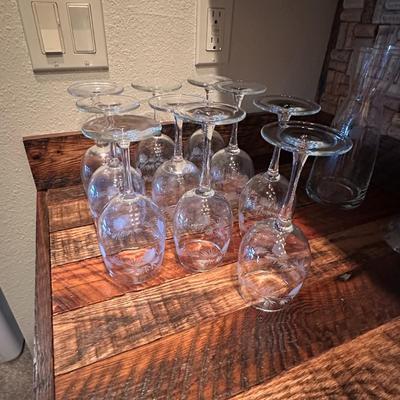 Sale Photo Thumbnail #837: Set of 10 Wine Glasses & Carafe w Etched Pine Cones