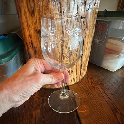 Sale Photo Thumbnail #839: Set of 10 Wine Glasses & Carafe w Etched Pine Cones